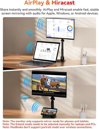 شاشة لاسلكية محمولة تعمل بالبطارية، تدعم AirPlay Miracast، شاشة 15.6 بوصة 1080 بكسل USB-C HDMI شاشة خارجية مع حقيبة حامل، شاشة ثانية لأجهزة الكمبيوتر المحمول MacBook PC والكمبيوتر اللوحي، بطارية مدمجة (4 - 5 ساعات) in Kuwait