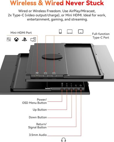 شاشة لاسلكية محمولة تعمل بالبطارية، تدعم AirPlay Miracast، شاشة 15.6 بوصة 1080 بكسل USB-C HDMI شاشة خارجية مع حقيبة حامل، شاشة ثانية لأجهزة الكمبيوتر المحمول MacBook PC والكمبيوتر اللوحي، بطارية مدمجة (4 - 5 ساعات) in Kuwait