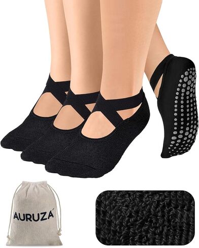 auruza بيلاتيس قبضة الجوارب للنساء الرجال الفتيات عدم الانزلاق اليوغا الجوارب السوداء لطيف الجوارب نقية مع السيطرة والأشرطة المضادة للانزلاق قبضة مثالية لرقص الباليه تجريب حافي القدمين 3blackm in Kuwait