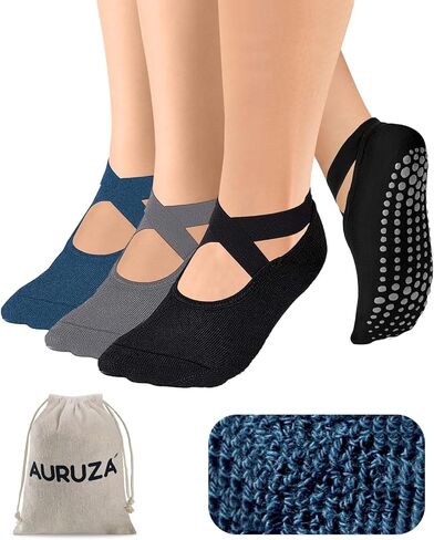 auruza بيلاتيس قبضة الجوارب للنساء الرجال الفتيات عدم الانزلاق اليوغا الجوارب السوداء لطيف الجوارب نقية مع السيطرة والأشرطة المضادة للانزلاق قبضة مثالية لرقص الباليه تجريب حافي القدمين 3blackm in Kuwait