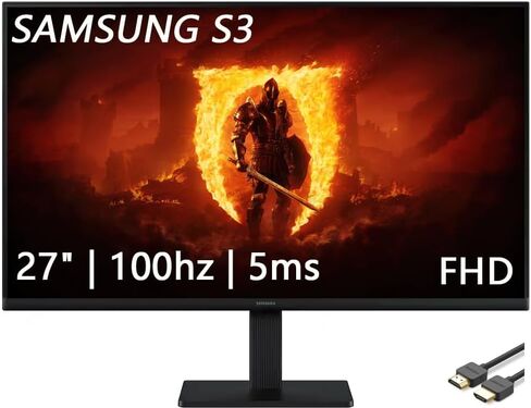 شاشة سامسونج 27 بوصة S3 Series IPS LED FHD، وضع الألعاب، وضع حماية العين، HDMI، D-sub، معدل تحديث 100 هرتز، أسود، مع كابل HDMI in Kuwait