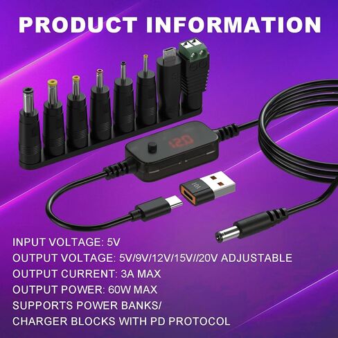 محول USB إلى 12 فولت من DROK - منظم جهد تيار مستمر قابل للتعديل 5 فولت/9 فولت/12 فولت/15 فولت/20 فولت، محول تعزيز 3.28 قدم/1 متر مع 8 قابس تيار مستمر ومحول USB in Saudi Arabia
