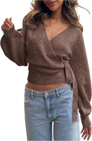 Milumia Women's V Neck Wrap Sweater Long Lantern Sleeve Cinched Waist Crop Tops Fall Knitwear in Kuwait