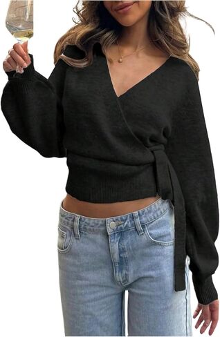 Milumia Women's V Neck Wrap Sweater Long Lantern Sleeve Cinched Waist Crop Tops Fall Knitwear in Kuwait