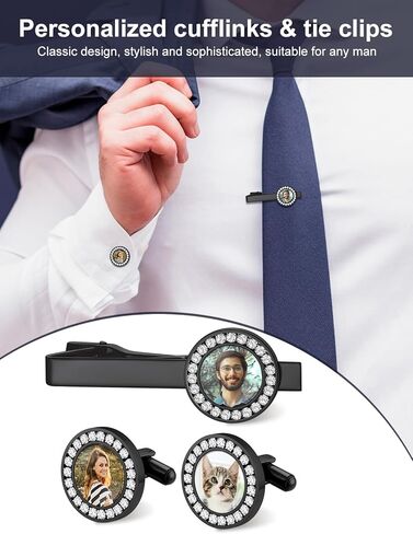 Custom4U أزرار أكمام شخصية ومجموعة مشبك ربطة عنق للرجال، أزرار أكمام مخصصة للصور، أزرار أكمام أولية، مشبك ربطة عنق، فولاذ/ذهبي/أسود، هدايا لرفقاء العريس له الأب، الزوج، الأخ (مع صندوق هدايا) in Saudi Arabia