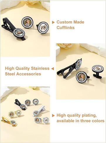 Custom4U أزرار أكمام شخصية ومجموعة مشبك ربطة عنق للرجال، أزرار أكمام مخصصة للصور، أزرار أكمام أولية، مشبك ربطة عنق، فولاذ/ذهبي/أسود، هدايا لرفقاء العريس له الأب، الزوج، الأخ (مع صندوق هدايا) in Saudi Arabia