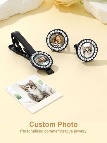 Custom4U أزرار أكمام شخصية ومجموعة مشبك ربطة عنق للرجال، أزرار أكمام مخصصة للصور، أزرار أكمام أولية، مشبك ربطة عنق، فولاذ/ذهبي/أسود، هدايا لرفقاء العريس له الأب، الزوج، الأخ (مع صندوق هدايا) in Saudi Arabia