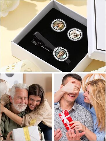 Custom4U أزرار أكمام شخصية ومجموعة مشبك ربطة عنق للرجال، أزرار أكمام مخصصة للصور، أزرار أكمام أولية، مشبك ربطة عنق، فولاذ/ذهبي/أسود، هدايا لرفقاء العريس له الأب، الزوج، الأخ (مع صندوق هدايا) in Saudi Arabia