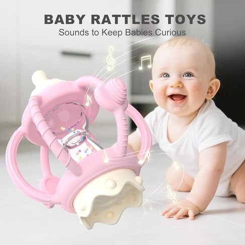 Teething Rattles for Babies 0-6 Months 6-12 Months, Silicone Rattle Teether with Pacifier, Baby Montessori Toys 6-18 Months, Infant & Toddler Molar Teething Relief, Boys Girls Essential Gifts (Pink) in Saudi Arabia