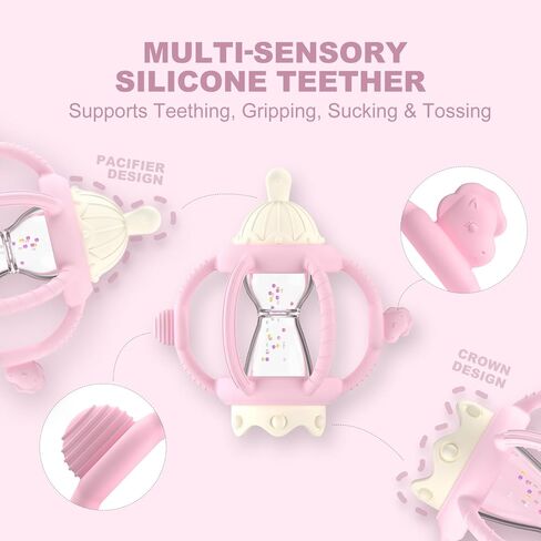 Teething Rattles for Babies 0-6 Months 6-12 Months, Silicone Rattle Teether with Pacifier, Baby Montessori Toys 6-18 Months, Infant & Toddler Molar Teething Relief, Boys Girls Essential Gifts (Pink) in Saudi Arabia