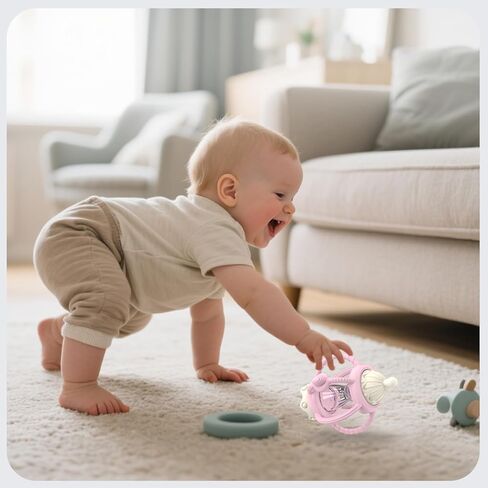 Teething Rattles for Babies 0-6 Months 6-12 Months, Silicone Rattle Teether with Pacifier, Baby Montessori Toys 6-18 Months, Infant & Toddler Molar Teething Relief, Boys Girls Essential Gifts (Pink) in Saudi Arabia
