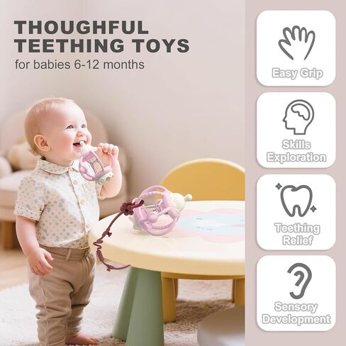Teething Rattles for Babies 0-6 Months 6-12 Months, Silicone Rattle Teether with Pacifier, Baby Montessori Toys 6-18 Months, Infant & Toddler Molar Teething Relief, Boys Girls Essential Gifts (Pink) in Saudi Arabia