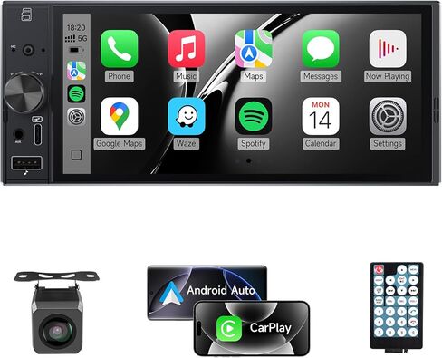 ستيريو سيارة أحادي الدين 6 بوصات CarPlay لاسلكي وشاشة لمس Android Auto داخل الخلية، بلوتوث، راديو السيارة FM/AM، وصلة مرآة، SWC، EQ، USB ونوع C، ملاحة GPS، كاميرا احتياطية in Kuwait