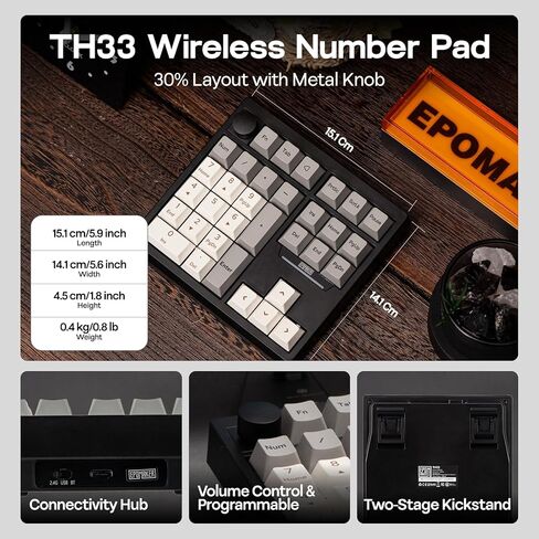 لوحة رقمية ميكانيكية لاسلكية EPOMAKER TH33، VIA، BT/2.4G/USB، قابلة للتبديل السريع، إضاءة خلفية RGB، حشية، غطاء مفاتيح PBT، مفتاح كريمي، لوحة أرقام مع مفاتيح أسهم ومقبض للكمبيوتر الشخصي/Mac in Kuwait