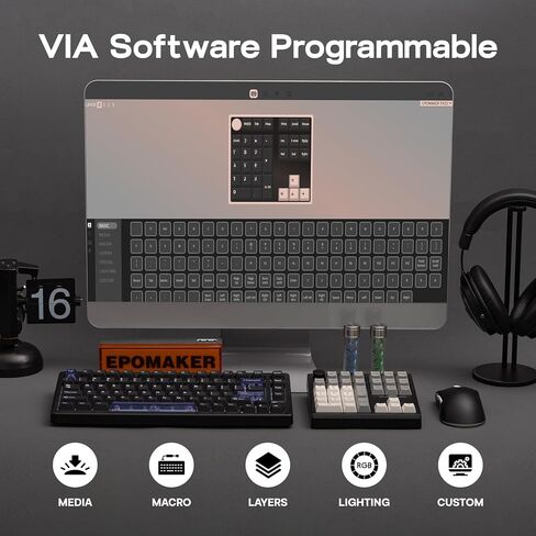 لوحة رقمية ميكانيكية لاسلكية EPOMAKER TH33، VIA، BT/2.4G/USB، قابلة للتبديل السريع، إضاءة خلفية RGB، حشية، غطاء مفاتيح PBT، مفتاح كريمي، لوحة أرقام مع مفاتيح أسهم ومقبض للكمبيوتر الشخصي/Mac in Kuwait