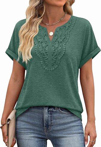 Sipaya Womens Blouses Dressy Casual Summer Shirts Short Sleeve Lace Front Boho Tunic Tops for Leggings Fashion Clothes in Kuwait