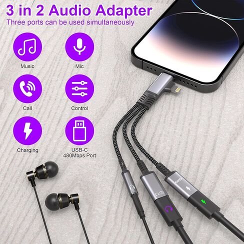 مقسم USB C وLightning 2 في 3 مع بيانات بسرعة 480 ميجا بت في الثانية، وشحن PD60W، وبيانات مقسم USB C وشحن الموسيقى الداعمة، والمكالمات، والميكروفون، وشاحن محول سماعة الرأس Lightning لأجهزة iPhone / iPad in Kuwait