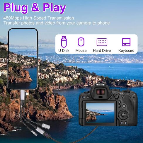 مقسم USB C وLightning 2 في 3 مع بيانات بسرعة 480 ميجا بت في الثانية، وشحن PD60W، وبيانات مقسم USB C وشحن الموسيقى الداعمة، والمكالمات، والميكروفون، وشاحن محول سماعة الرأس Lightning لأجهزة iPhone / iPad in Kuwait