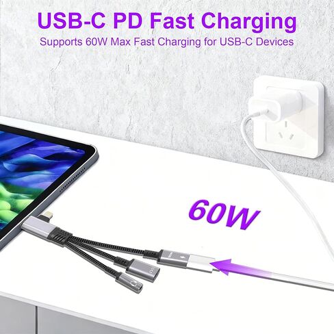مقسم USB C وLightning 2 في 3 مع بيانات بسرعة 480 ميجا بت في الثانية، وشحن PD60W، وبيانات مقسم USB C وشحن الموسيقى الداعمة، والمكالمات، والميكروفون، وشاحن محول سماعة الرأس Lightning لأجهزة iPhone / iPad in Kuwait