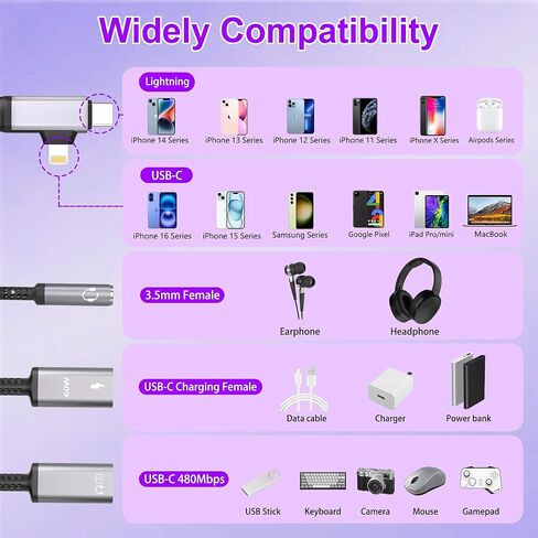 مقسم USB C وLightning 2 في 3 مع بيانات بسرعة 480 ميجا بت في الثانية، وشحن PD60W، وبيانات مقسم USB C وشحن الموسيقى الداعمة، والمكالمات، والميكروفون، وشاحن محول سماعة الرأس Lightning لأجهزة iPhone / iPad in Kuwait