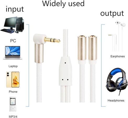 3.5mm Headphone Stereo Audio Splitter Adapter 3.5mm 1 Male to 2 Female Y Splitter Cable 90 Degree Gold Plated 7.87inch/20cm for PC Gaming Headset Tablet Laptop MP3 in Saudi Arabia