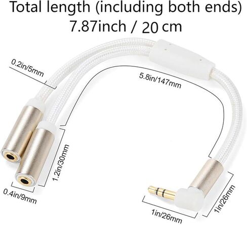 3.5mm Headphone Stereo Audio Splitter Adapter 3.5mm 1 Male to 2 Female Y Splitter Cable 90 Degree Gold Plated 7.87inch/20cm for PC Gaming Headset Tablet Laptop MP3 in Saudi Arabia