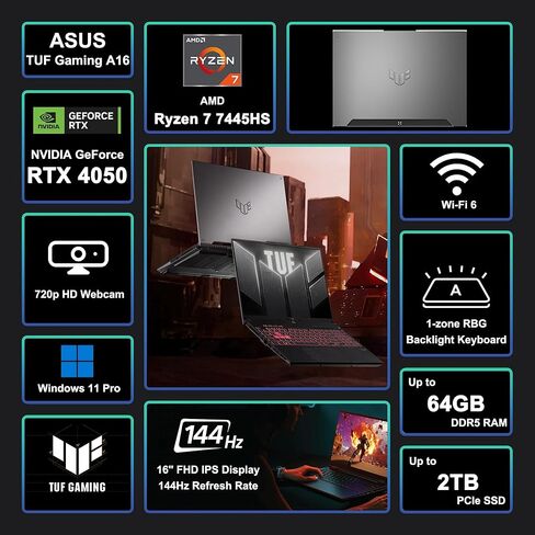 ASUS TUF Gaming A16 Laptop 16" WUXGA IPS 144Hz AMD 6-core Ryzen 7 7445HS 16GB RAM 512GB SSD GeForce RTX 4050 (Up to 194 AI Tops) RGB Backlit USB4 Two-Way AI Noise Cancelation Win11Pro ICP Hub in Kuwait