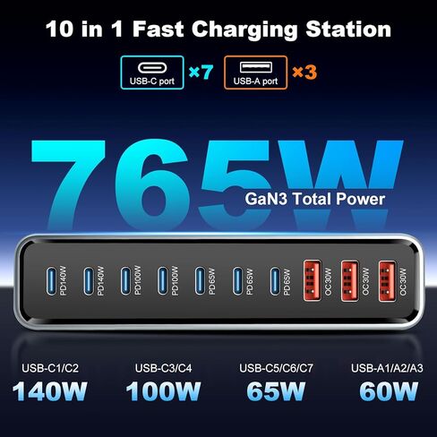 10 في 1 و765 واط USB C شاحن كتلة محطة شحن USB متعددة المنافذ GaN III محور شحن سريع، محول شاحن كمبيوتر محمول PD 140 واط لجهاز MacBook Pro/Air، i-Pad Pro/Air، Phone 17/16/15، Galaxy S24/S23 in Kuwait
