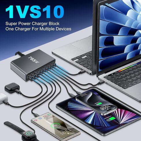 10 في 1 و765 واط USB C شاحن كتلة محطة شحن USB متعددة المنافذ GaN III محور شحن سريع، محول شاحن كمبيوتر محمول PD 140 واط لجهاز MacBook Pro/Air، i-Pad Pro/Air، Phone 17/16/15، Galaxy S24/S23 in Kuwait