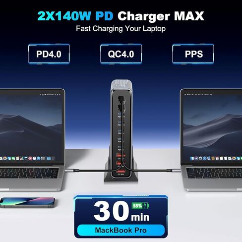 10 في 1 و765 واط USB C شاحن كتلة محطة شحن USB متعددة المنافذ GaN III محور شحن سريع، محول شاحن كمبيوتر محمول PD 140 واط لجهاز MacBook Pro/Air، i-Pad Pro/Air، Phone 17/16/15، Galaxy S24/S23 in Kuwait