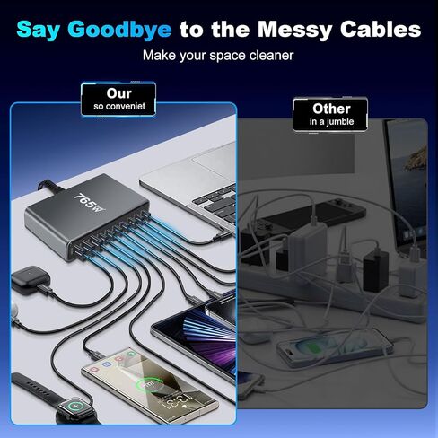 10 في 1 و765 واط USB C شاحن كتلة محطة شحن USB متعددة المنافذ GaN III محور شحن سريع، محول شاحن كمبيوتر محمول PD 140 واط لجهاز MacBook Pro/Air، i-Pad Pro/Air، Phone 17/16/15، Galaxy S24/S23 in Kuwait