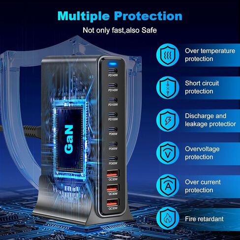 10 في 1 و765 واط USB C شاحن كتلة محطة شحن USB متعددة المنافذ GaN III محور شحن سريع، محول شاحن كمبيوتر محمول PD 140 واط لجهاز MacBook Pro/Air، i-Pad Pro/Air، Phone 17/16/15، Galaxy S24/S23 in Kuwait