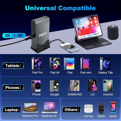10 في 1 و765 واط USB C شاحن كتلة محطة شحن USB متعددة المنافذ GaN III محور شحن سريع، محول شاحن كمبيوتر محمول PD 140 واط لجهاز MacBook Pro/Air، i-Pad Pro/Air، Phone 17/16/15، Galaxy S24/S23 in Kuwait