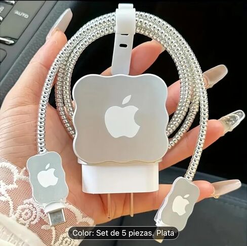 مجموعة واقي كابل لهاتف iPhone 16/15/14/13، مكونة من 5 قطع من ملحقات كابل الشحن الفضي مع حافظة، مقاومة لعضات الحيوانات الأليفة، حماية ضد التشابك in Kuwait