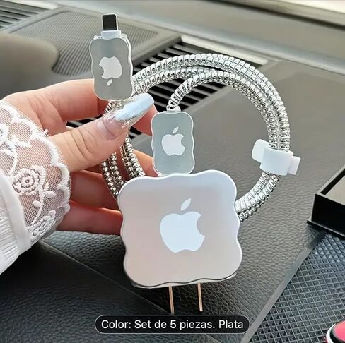 مجموعة واقي كابل لهاتف iPhone 16/15/14/13، مكونة من 5 قطع من ملحقات كابل الشحن الفضي مع حافظة، مقاومة لعضات الحيوانات الأليفة، حماية ضد التشابك in Kuwait