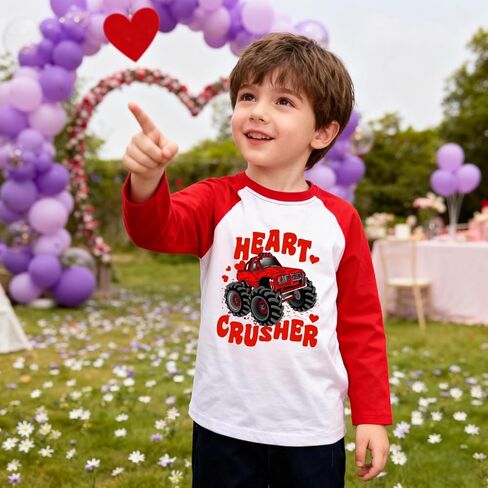 Boys Girls Valentines Day Shirts Raglan Long Sleeve Monster Truck Love Heart Tops Clothes for Kids 2-7 Years in Saudi Arabia