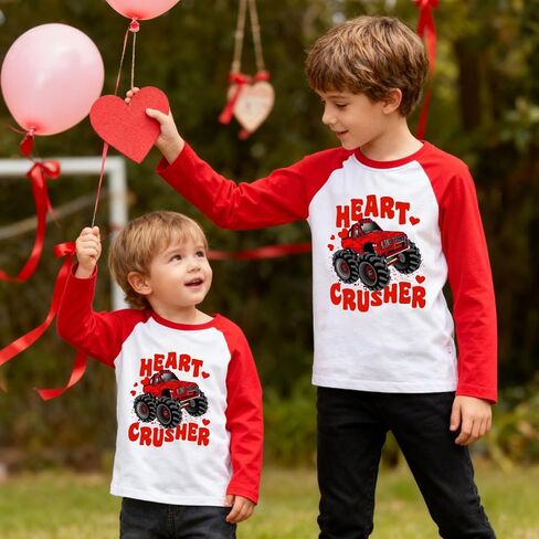Boys Girls Valentines Day Shirts Raglan Long Sleeve Monster Truck Love Heart Tops Clothes for Kids 2-7 Years in Saudi Arabia