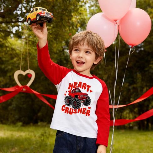 Boys Girls Valentines Day Shirts Raglan Long Sleeve Monster Truck Love Heart Tops Clothes for Kids 2-7 Years in Saudi Arabia