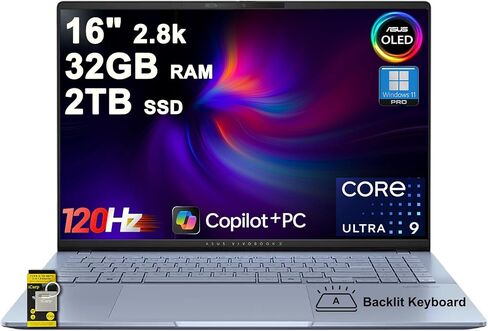 ASUS Vivobook S16 AI PC Laptop 16" 2.8k OLED 120Hz (600nits, 100% DCI-P3) Intel 16-core Ultra 9 285H 32GB DDR5 1TB SSD Backlit for Designer Creator Business Professional Win11Pro ICP Hub/Copilot+ AI in Saudi Arabia