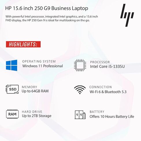 كمبيوتر محمول للأعمال HP New Generation مقاس 15.6 بوصة، Intel Core i5-1335U (يتفوق على i7-1255U)، ذاكرة الوصول العشوائي 16 جيجابايت، 512 جيجابايت PCIE، تصميم فائق الهدوء، عمر بطارية 14.5 ساعة، Wi-Fi 6، بلوتوث 5.3، إيثرنت، Windows 11 Pro in Saudi Arabia