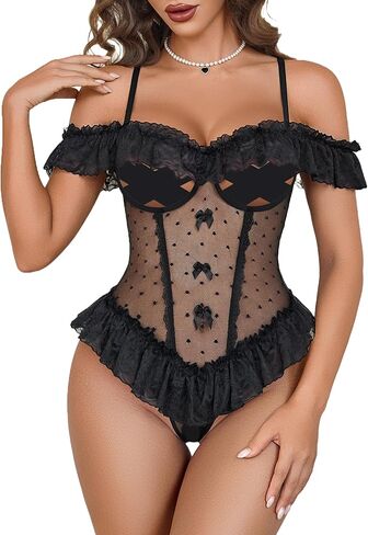 Avidlove Lingerie for Women V Neck One Piece Bodysuit Lace Ruffle Babydoll Off Shoulder Rave Outfits in Saudi Arabia