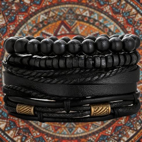 Braided Leather And Wood Bead Bracelet Set,4 Piece Adjustable Unisex Cuff,Black Brown Stackable Bracelets For Women Men,Everyday Casual Gift in Saudi Arabia
