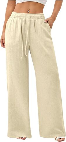 Women's Straight Wide Leg Linen Pants Drawstring High Waisted Casual Long Trousers with Pockets in Saudi Arabia
