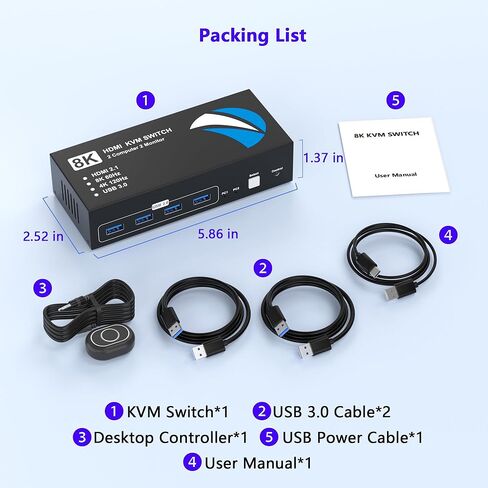 8K @ 60 هرتز KVM Switch 2 شاشات 2 كمبيوتر HDMI، 4K @ 120 هرتز KVM Switches شاشة مزدوجة مع 4 منافذ USB 3.0 مشاركة لوحة مفاتيح وماوس الطابعة، شاشات التبديل لجهازي كمبيوتر، محول HDMI 2 في 2 خارج in Kuwait