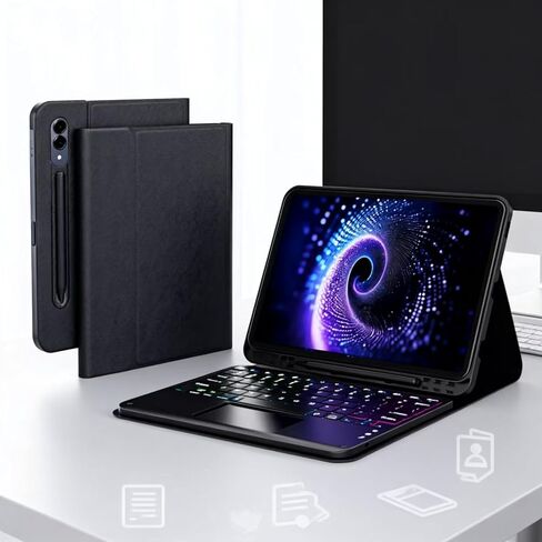 حافظة لوحة مفاتيح لجهاز Samsung Galaxy Tab S10 Lite/S10 FE/S9 FE 5G 10.9 بوصة/S9 11 بوصة، لوحة مفاتيح بإضاءة خلفية بـ 7 ألوان مع حامل قلم رصاص، مغناطيسي قابل للفصل، غطاء جلد PU ممتاز مع خاصية النوم/الاستيقاظ التلقائي، أسود in Kuwait