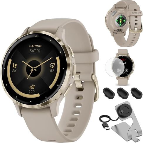 Garmin 010-02785-02 Venu 3S Health Fitness GPS Smartwatch Gold Steel Bezel with French Gray Case 41mm Bundle with Deco Essentials Charging Dock, Dust Cover 3 Pack and 2-Pack Screen Protector in Saudi Arabia