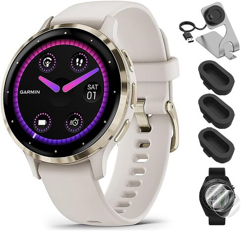 Garmin 010-02785-02 Venu 3S Health Fitness GPS Smartwatch Gold Steel Bezel with French Gray Case 41mm Bundle with Deco Essentials Charging Dock, Dust Cover 3 Pack and 2-Pack Screen Protector in Saudi Arabia