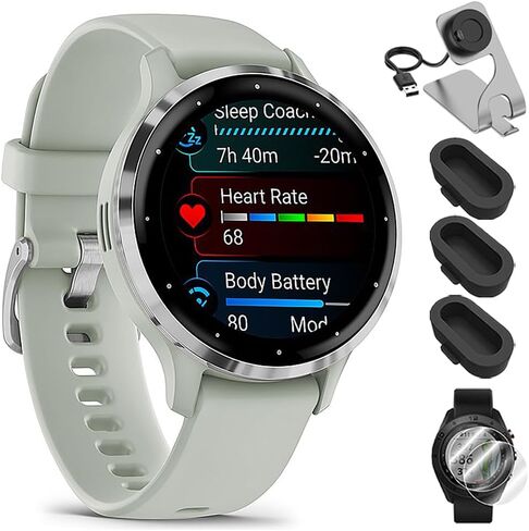 Garmin 010-02785-02 Venu 3S Health Fitness GPS Smartwatch Gold Steel Bezel with French Gray Case 41mm Bundle with Deco Essentials Charging Dock, Dust Cover 3 Pack and 2-Pack Screen Protector in Saudi Arabia