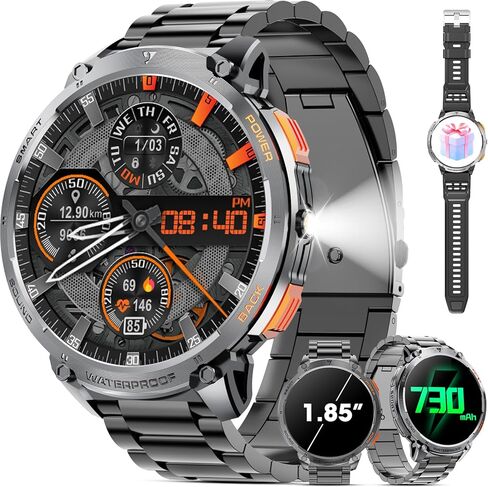 Military Smart Watch for Men 1.85" HD Touch Screen 730mAh Battery Smart Watches with LED Flashlight for Android iOS （Bluetooth Call Answer/Dial Calls） Fitness Tracker with Heart Rate Blood in Saudi Arabia