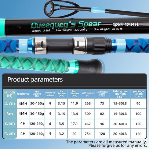 صنارة ركوب الأمواج للمياه المالحة بطول 9 أقدام - 4 قطع من ألياف الكربون لصيد الأسماك، قضيب دوار محمول لركوب الأمواج مع قوة 20-40 رطل باللون الأخضر والأزرق in Kuwait